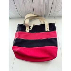 Vintage Lands End Canvas Boat Tote Bag Pink Cream Blue Striped Rare Color